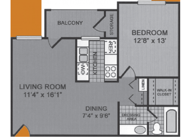 1 Bedroom 1 bathroom floor plan at Woodridge Apartments in Tucson, AZ